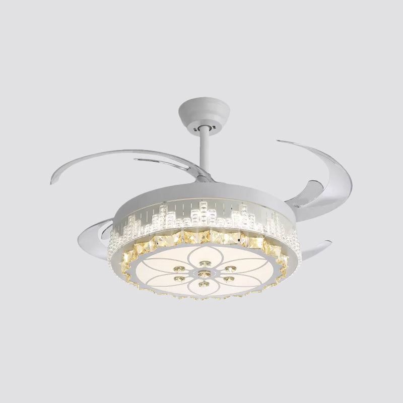 Nordic Round 4-Blade Semi Flush Light Fixture Crystal Living Room LED Hanging Fan Lamp in White, 19