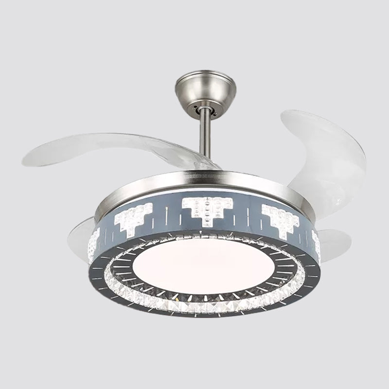 4-Blade Faceted Crystal Round Pendant Fan Light Modernity LED Silver Semi Mount Lighting, 19