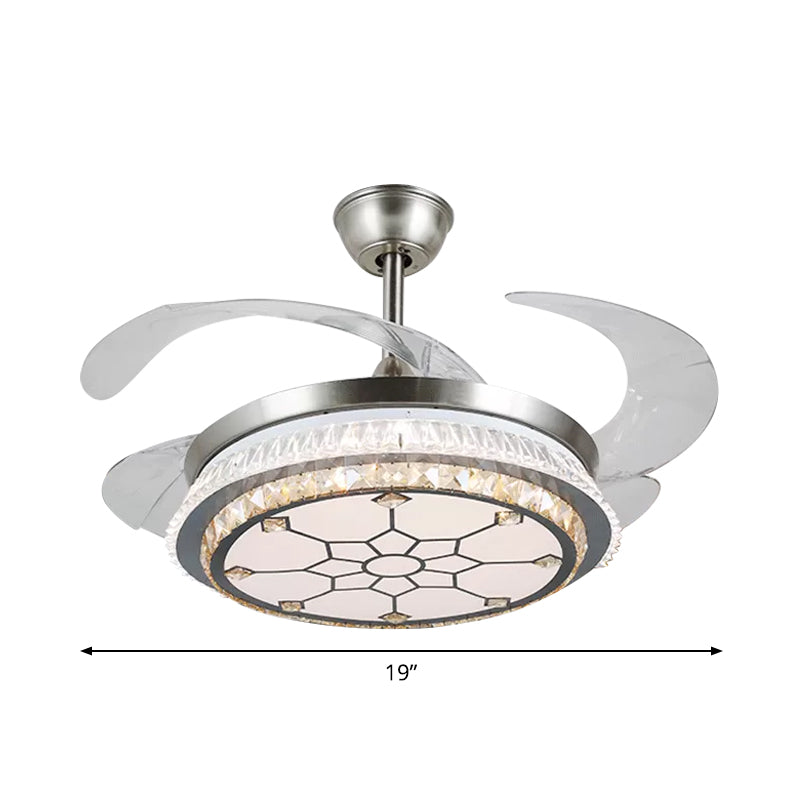 Silver Layered 4 Blades Semi-Flush Mount Modernism LED Crystal Pendant Fan Light Fixture, 19