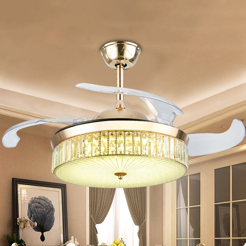 4 Blades Gold Drum Semi Flush Mount Contemporary Crystal Prism LED Ceiling Fan Lamp Fixture, 19