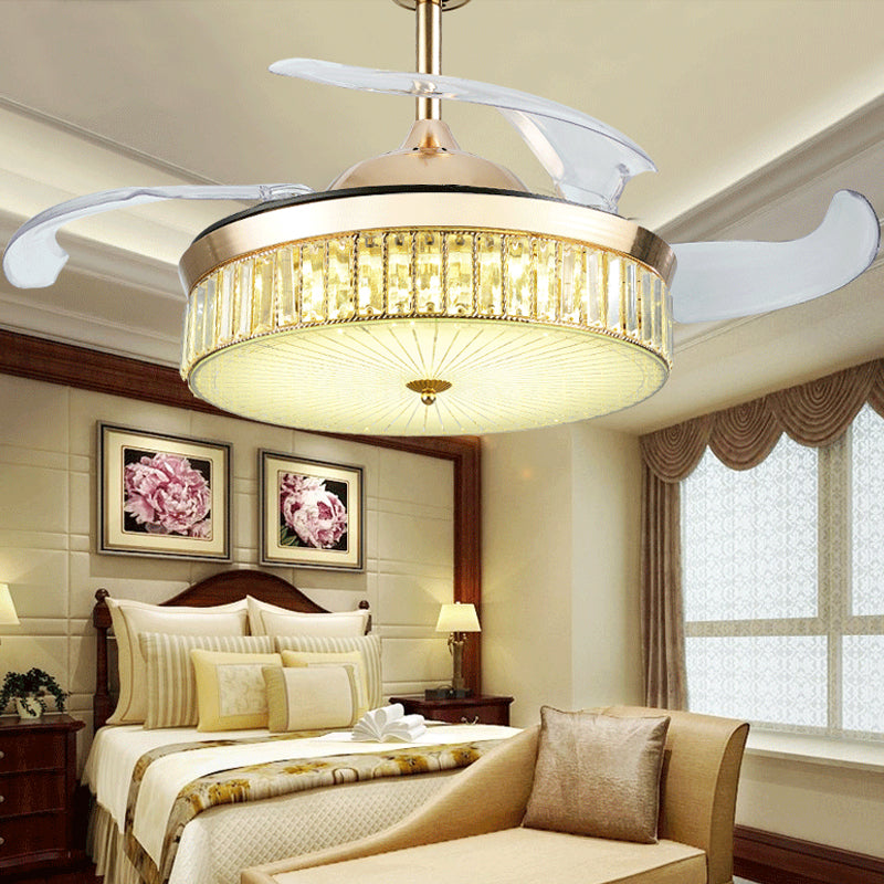 4 Blades Gold Drum Semi Flush Mount Contemporary Crystal Prism LED Ceiling Fan Lamp Fixture, 19