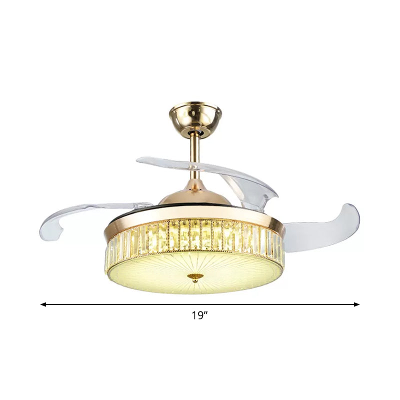 4 Blades Gold Drum Semi Flush Mount Contemporary Crystal Prism LED Ceiling Fan Lamp Fixture, 19