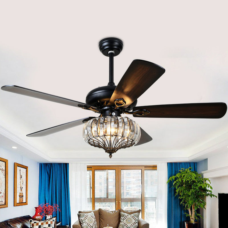 5 Blades Black Round Shaped Semi Flush Light Rustic Beveled Crystal Living Room LED Ceiling Fan Lamp, 52