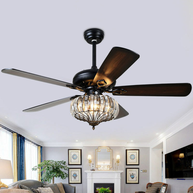 5 Blades Black Round Shaped Semi Flush Light Rustic Beveled Crystal Living Room LED Ceiling Fan Lamp, 52