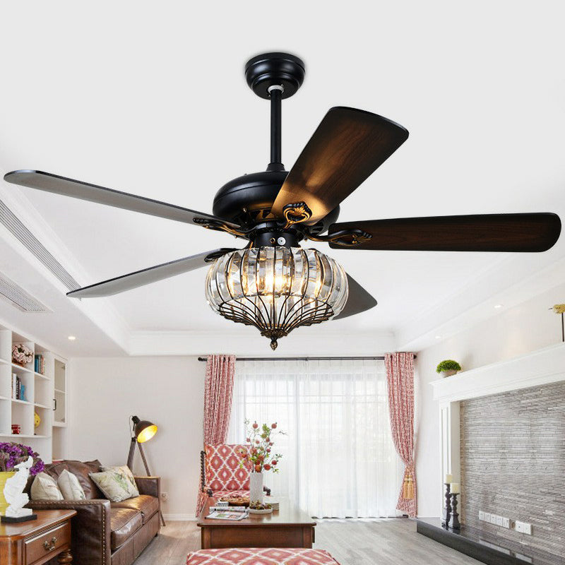 5 Blades Black Round Shaped Semi Flush Light Rustic Beveled Crystal Living Room LED Ceiling Fan Lamp, 52