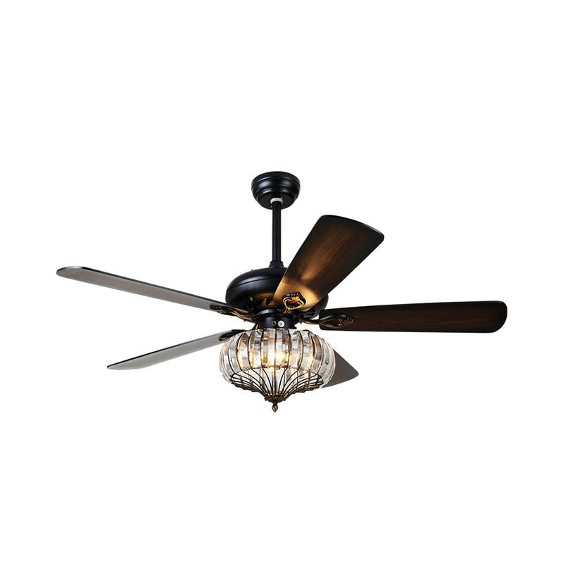 5 Blades Black Round Shaped Semi Flush Light Rustic Beveled Crystal Living Room LED Ceiling Fan Lamp, 52