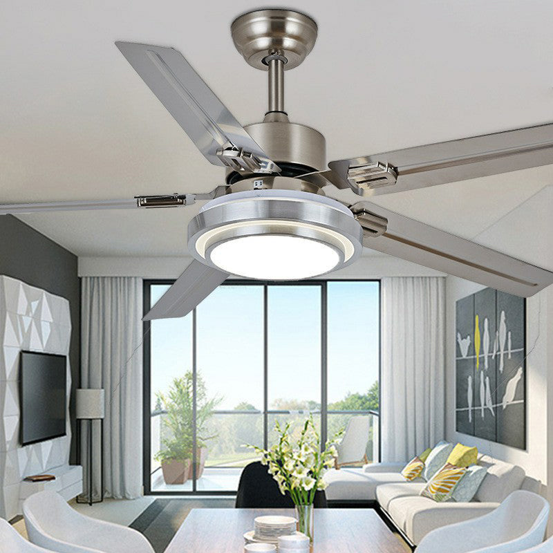 5-Blade Nickel Round Semi Mount Lighting Classic Metal LED Bedroom Hanging Fan Lamp Fixture, 42