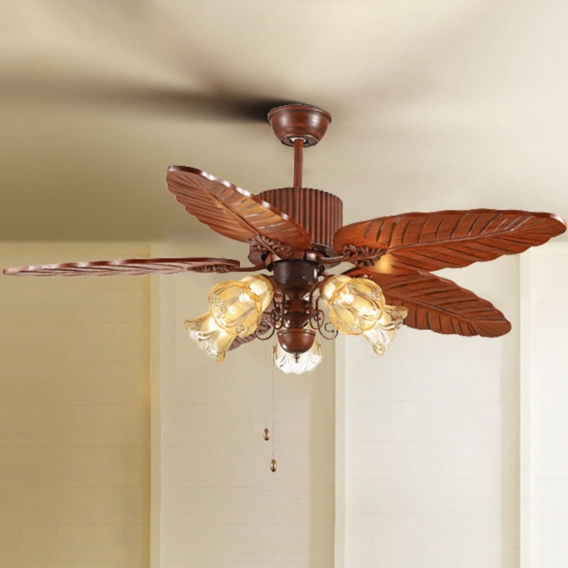 Bell Frosted Glass Pendant Fan Light Simple 5 Blades 5 Lights Brown Semi Flush Mount Lighting with Pull Chain Brown 42