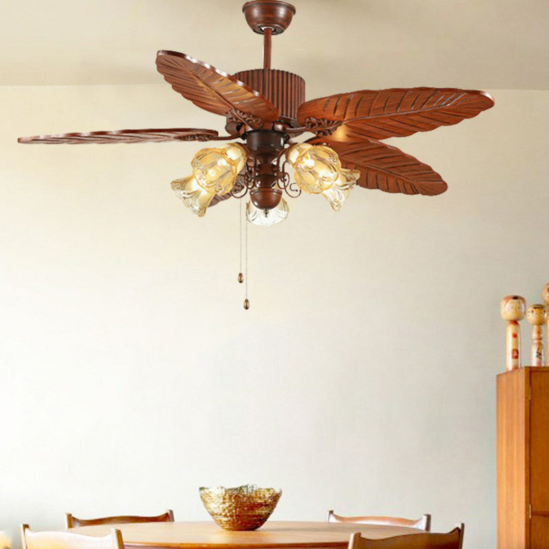 Bell Frosted Glass Pendant Fan Light Simple 5 Blades 5 Lights Brown Semi Flush Mount Lighting with Pull Chain Brown 52