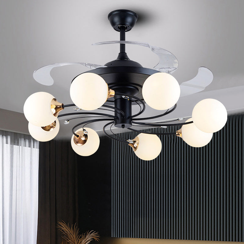Global Semi Flush Minimalist White Glass 8 Lights Living Room Hanging Fan Light Fixture in Black, 42