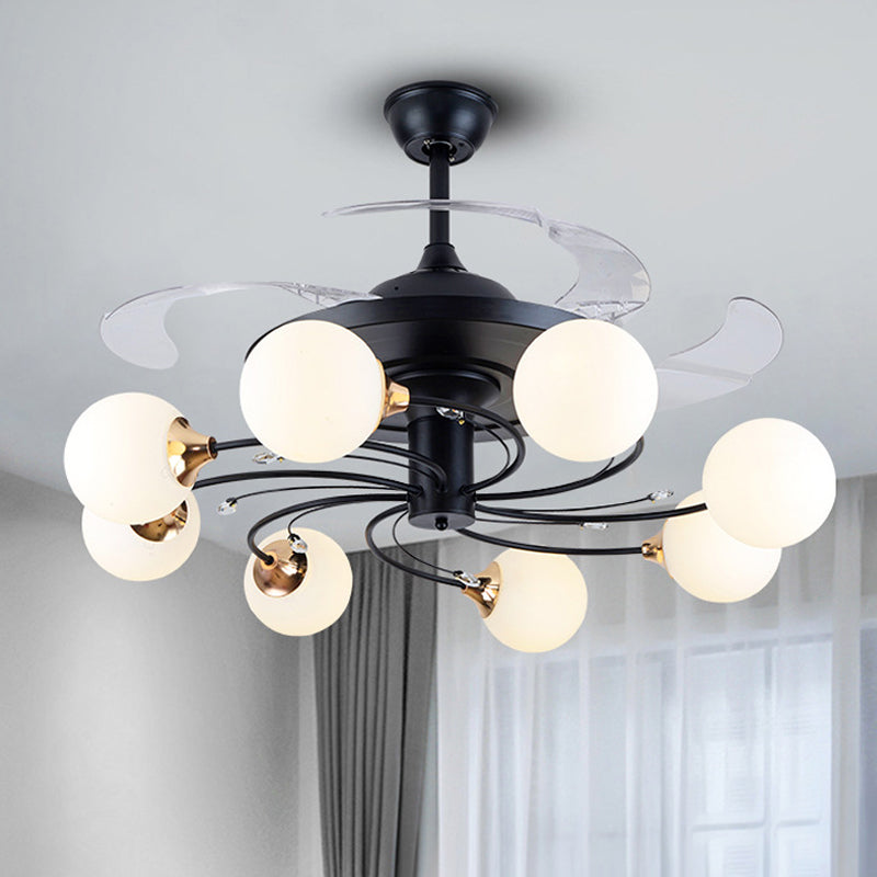 Global Semi Flush Minimalist White Glass 8 Lights Living Room Hanging Fan Light Fixture in Black, 42
