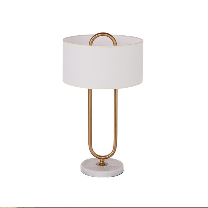 White Drum Night Table Light Minimalist 1 Bulb Fabric Nightstand Lamp with Brass Oval Stand Clearhalo 'Lamps' 'Table Lamps' Lighting' 1984551