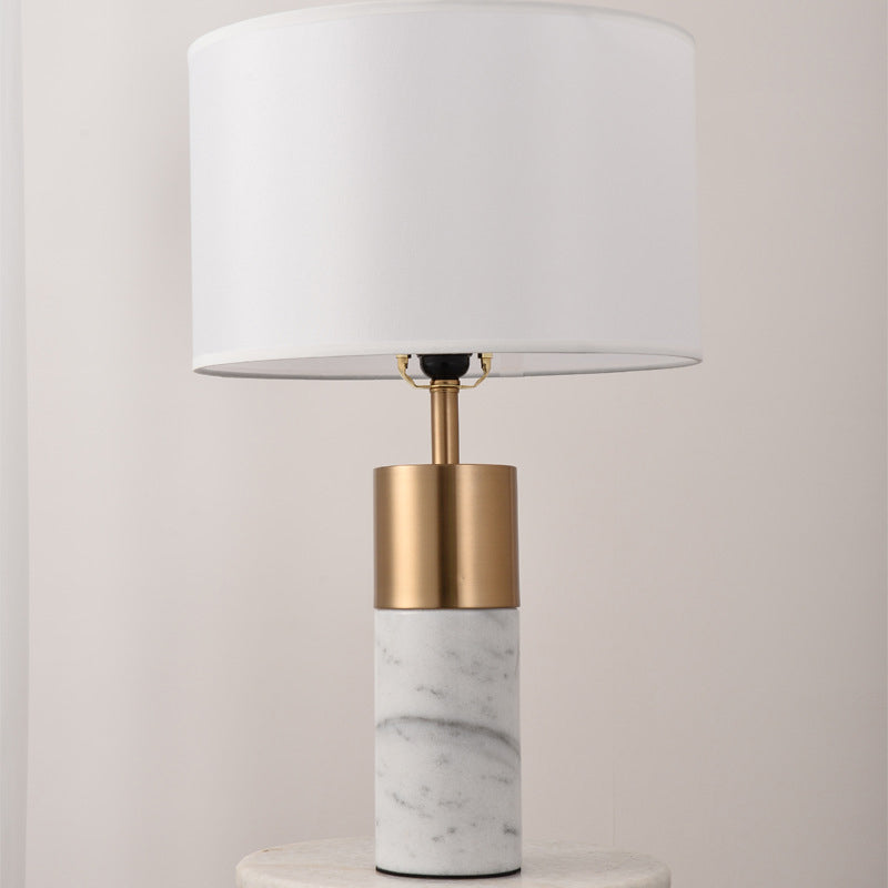 Drum Bedside Table Lighting Fabric 1 Head Postmodern Night Stand Lamp with Marble Pedestal in Black/White/Grey Gloss White Clearhalo 'Lamps' 'Table Lamps' Lighting' 1984591