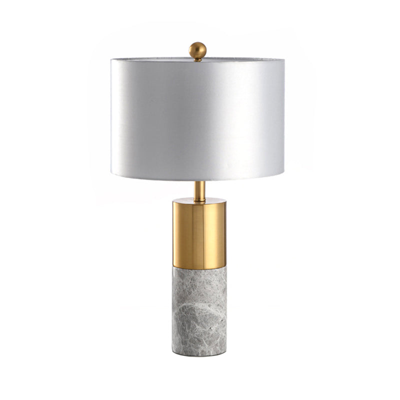 Cylindrical Table Light Minimalist Marble 1-Head Brass and Grey/White Night Lamp with Fabric Lampshade Grey Clearhalo 'Lamps' 'Table Lamps' Lighting' 1984642