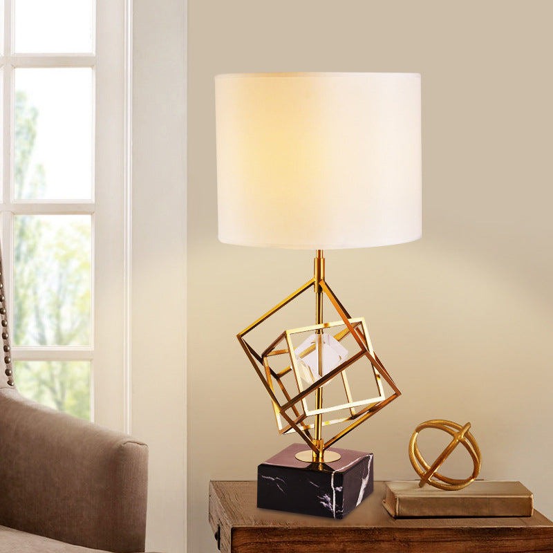 Interlocked Cube Table Lamp Postmodern Metal 1 Light Brass and Black Night Light with Cylinder Fabric Shade Clearhalo 'Lamps' 'Table Lamps' Lighting' 1984745