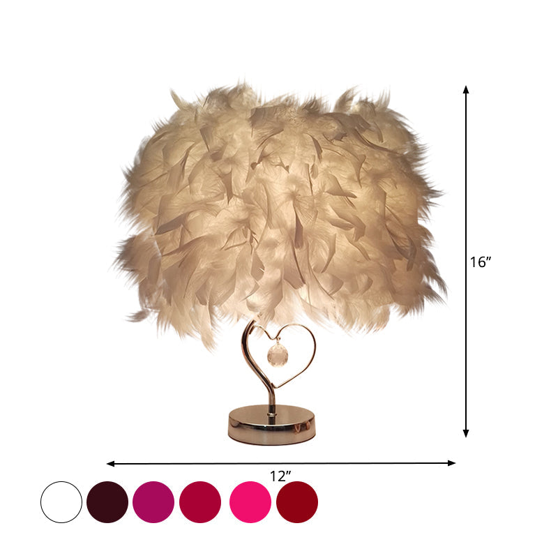 Modern Single Nightstand Lamp Red/White/Pink Bucket Shaped Table Light with Feather Shade and Crystal Drop Clearhalo 'Lamps' 'Table Lamps' Lighting' 1984889