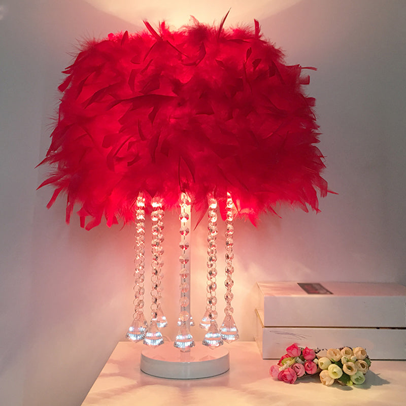 Red/Pink/Purple Round Table Lamp Modernist 1-Light Feather Nightstand Light with Draping Crystal Red Clearhalo 'Lamps' 'Table Lamps' Lighting' 1984963