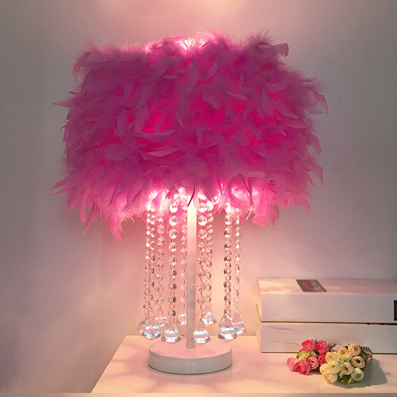 Red/Pink/Purple Round Table Lamp Modernist 1-Light Feather Nightstand Light with Draping Crystal Peach Clearhalo 'Lamps' 'Table Lamps' Lighting' 1984964