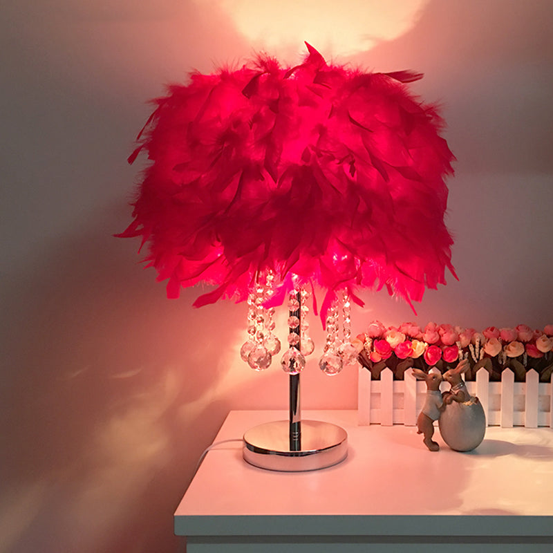 Feather Round Night Stand Lamp Contemporary 1-Bulb Red/Pink/Purple Table Light with Crystal Drop and White/Chrome Base Chrome Red Clearhalo 'Lamps' 'Table Lamps' Lighting' 1984979