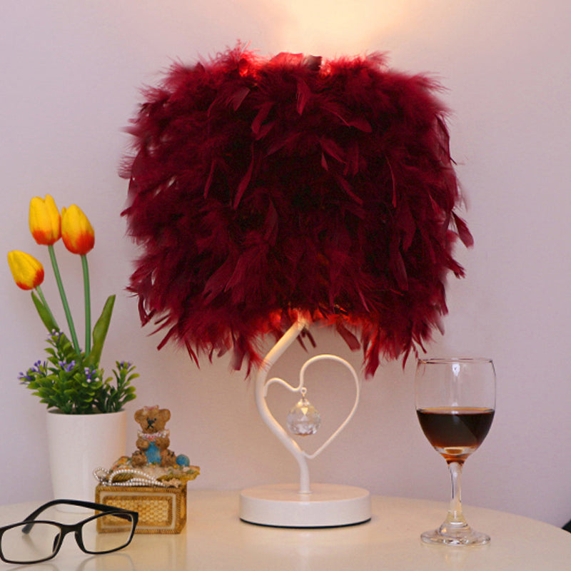 Drum Living Room Table Light Feather Single Modern Nightstand Lamp in White/Pink/Burgundy with Heart Frame and Crystal Orb Burgundy Clearhalo 'Lamps' 'Table Lamps' Lighting' 1984995