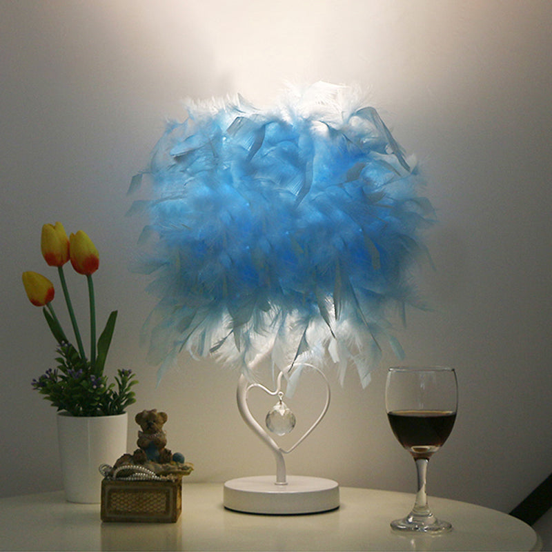 Drum Living Room Table Light Feather Single Modern Nightstand Lamp in White/Pink/Burgundy with Heart Frame and Crystal Orb Blue Clearhalo 'Lamps' 'Table Lamps' Lighting' 1984998