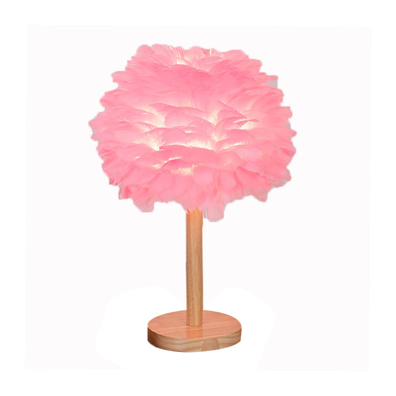 Dome Nightstand Light Nordic Feather Single Bedside Table Lamp in Pink/White/Grey with Wood Pole Clearhalo 'Lamps' 'Table Lamps' Lighting' 1985153