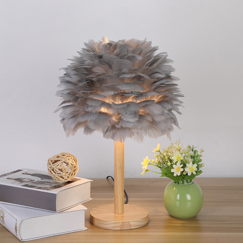 Dome Nightstand Light Nordic Feather Single Bedside Table Lamp in Pink/White/Grey with Wood Pole Grey Clearhalo 'Lamps' 'Table Lamps' Lighting' 1985154