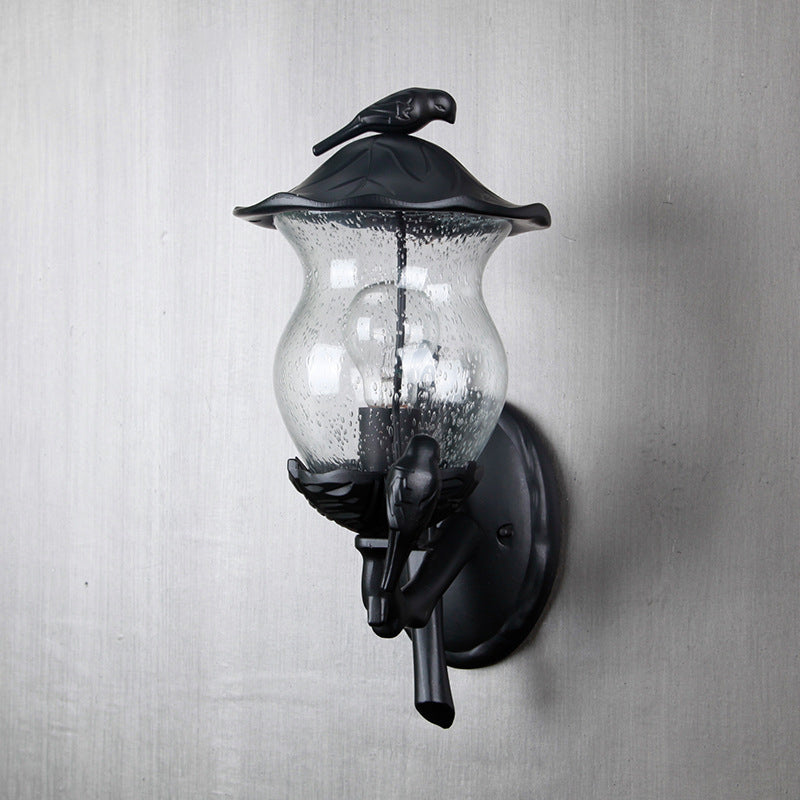 1-Light Seedy Glass Lantern Sconce Rustic Black Gourd Shaped Garden Wall Lamp with Bird Deco Clearhalo 'Wall Lamps & Sconces' 'Wall Lights' Lighting' 1985165