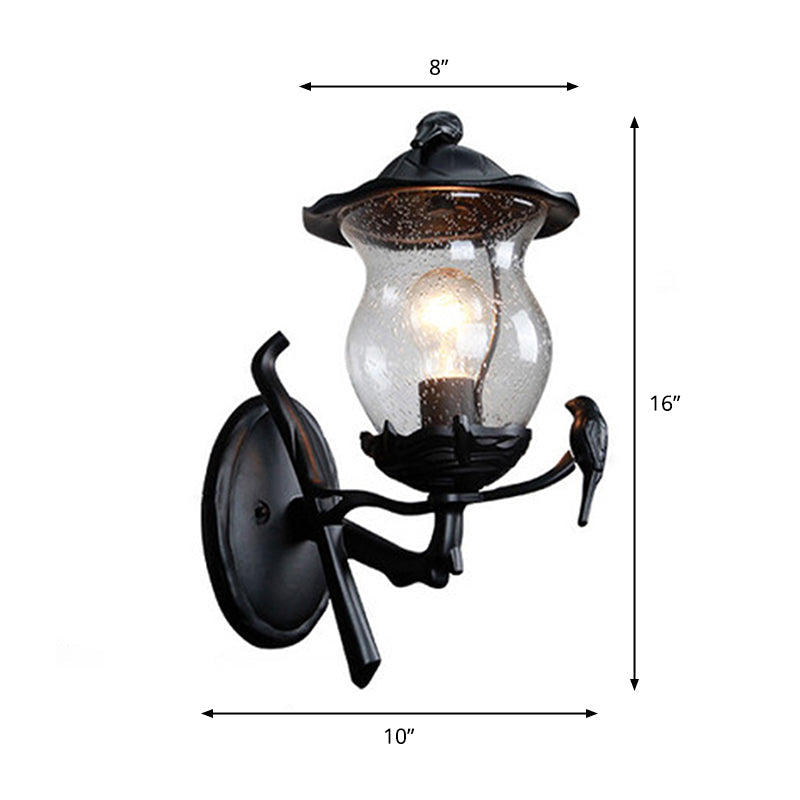 1-Light Seedy Glass Lantern Sconce Rustic Black Gourd Shaped Garden Wall Lamp with Bird Deco Clearhalo 'Wall Lamps & Sconces' 'Wall Lights' Lighting' 1985167