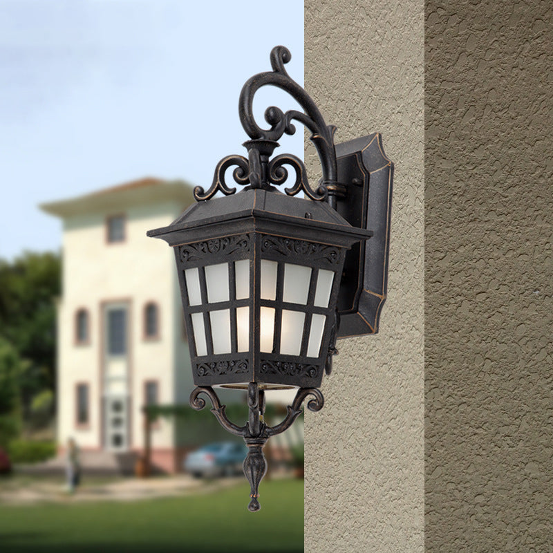 Vintage Lantern Sconce Light Single Frosted White Glass Outdoor Wall Mount with Scroll Arm in Black Clearhalo 'Wall Lamps & Sconces' 'Wall Lights' Lighting' 1985203