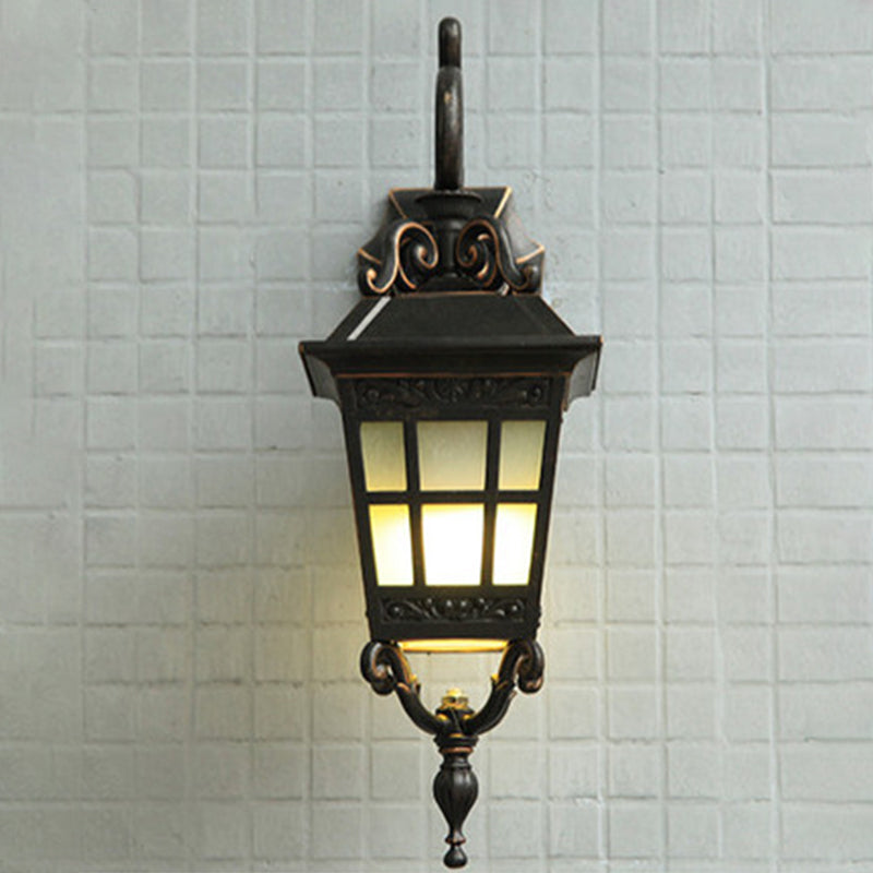 Vintage Lantern Sconce Light Single Frosted White Glass Outdoor Wall Mount with Scroll Arm in Black Clearhalo 'Wall Lamps & Sconces' 'Wall Lights' Lighting' 1985204