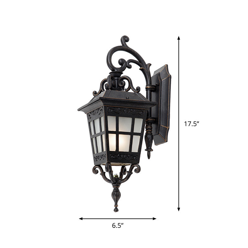 Vintage Lantern Sconce Light Single Frosted White Glass Outdoor Wall Mount with Scroll Arm in Black Clearhalo 'Wall Lamps & Sconces' 'Wall Lights' Lighting' 1985206