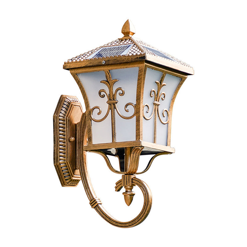 Frosted Glass Curved Lantern Sconce Traditional Patio Small/Large Solar LED Wall Lamp in Black/Brass Clearhalo 'Wall Lamps & Sconces' 'Wall Lights' Lighting' 1985227