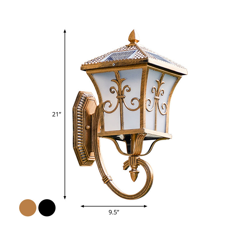 Frosted Glass Curved Lantern Sconce Traditional Patio Small/Large Solar LED Wall Lamp in Black/Brass Clearhalo 'Wall Lamps & Sconces' 'Wall Lights' Lighting' 1985229