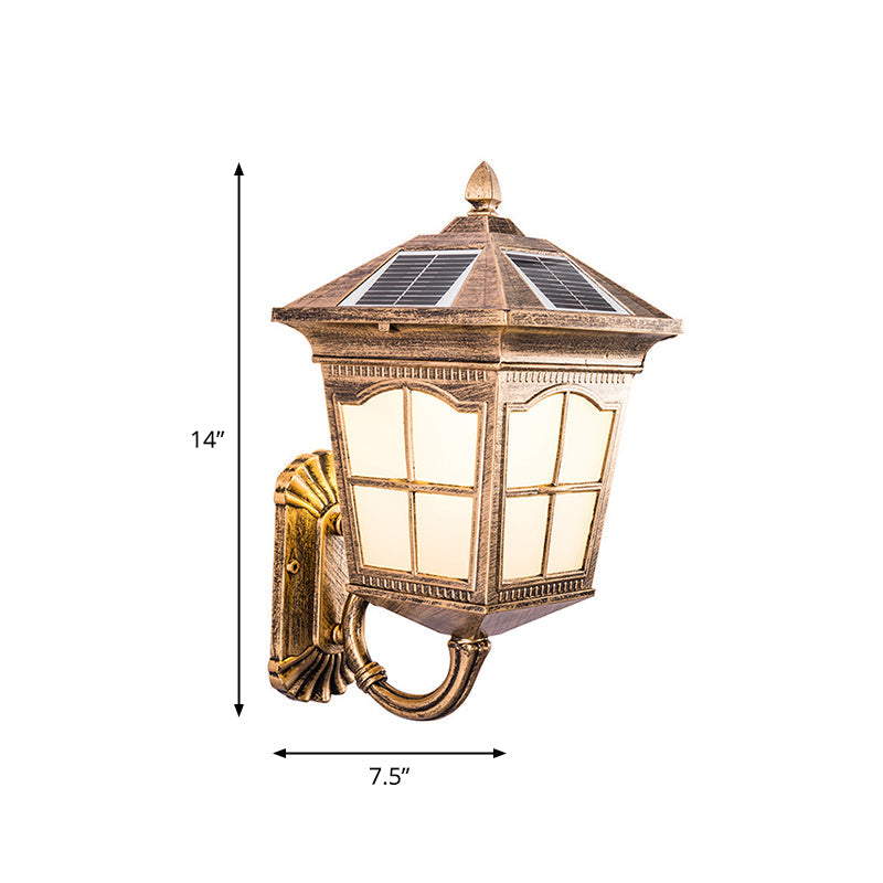 Antiqued Style House Lantern Wall Light Frosted Glass Solar LED Wall Sconce in Brass, Small/Large Clearhalo 'Wall Lamps & Sconces' 'Wall Lights' Lighting' 1985236