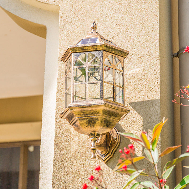 Clear Glass Black/Brass Solar Wall Lighting Faceted Traditional LED Lantern Wall Sconce for Outdoor Clearhalo 'Wall Lamps & Sconces' 'Wall Lights' Lighting' 1985240