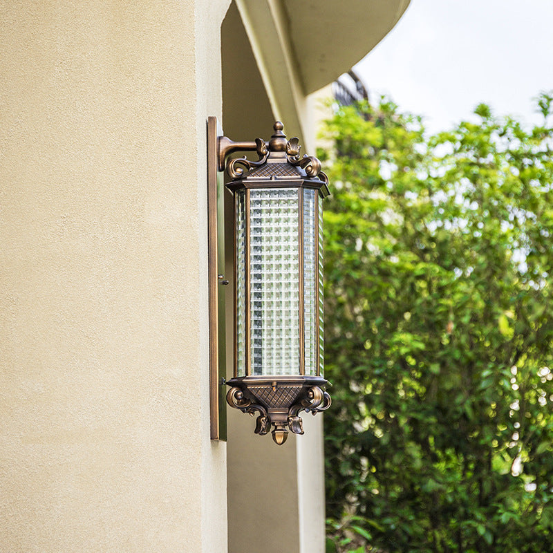 Brass Rectangle Wall Sconce Light Rustic Clear Gridded Glass Single Outdoor Small/Large Wall Light Brass Clearhalo 'Wall Lamps & Sconces' 'Wall Lights' Lighting' 1985246