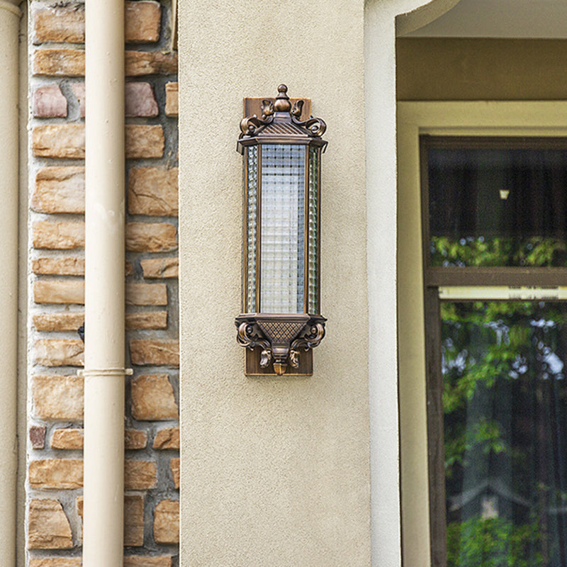 Brass Rectangle Wall Sconce Light Rustic Clear Gridded Glass Single Outdoor Small/Large Wall Light Clearhalo 'Wall Lamps & Sconces' 'Wall Lights' Lighting' 1985248