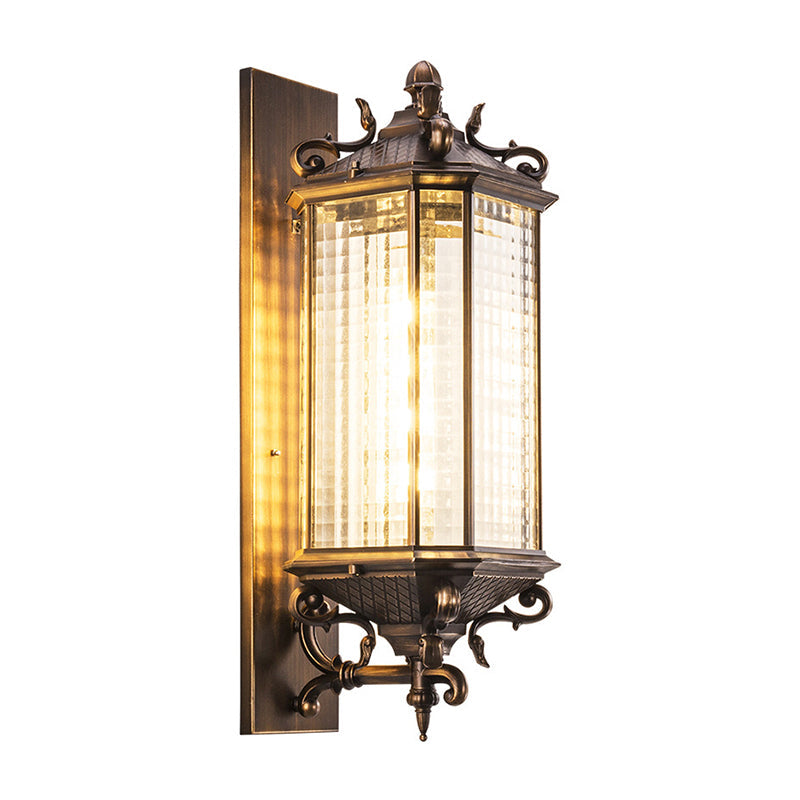 Brass Rectangle Wall Sconce Light Rustic Clear Gridded Glass Single Outdoor Small/Large Wall Light Clearhalo 'Wall Lamps & Sconces' 'Wall Lights' Lighting' 1985249