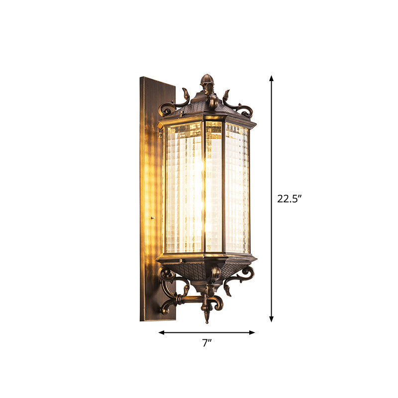 Brass Rectangle Wall Sconce Light Rustic Clear Gridded Glass Single Outdoor Small/Large Wall Light Clearhalo 'Wall Lamps & Sconces' 'Wall Lights' Lighting' 1985250