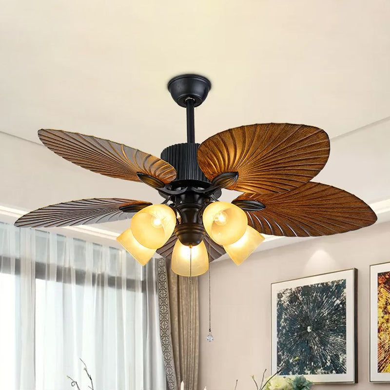 5-Blade 5 Heads Bedroom Ceiling Fan Lamp Modern Black Semi-Flush Light with Conic Plastic Shade, 52