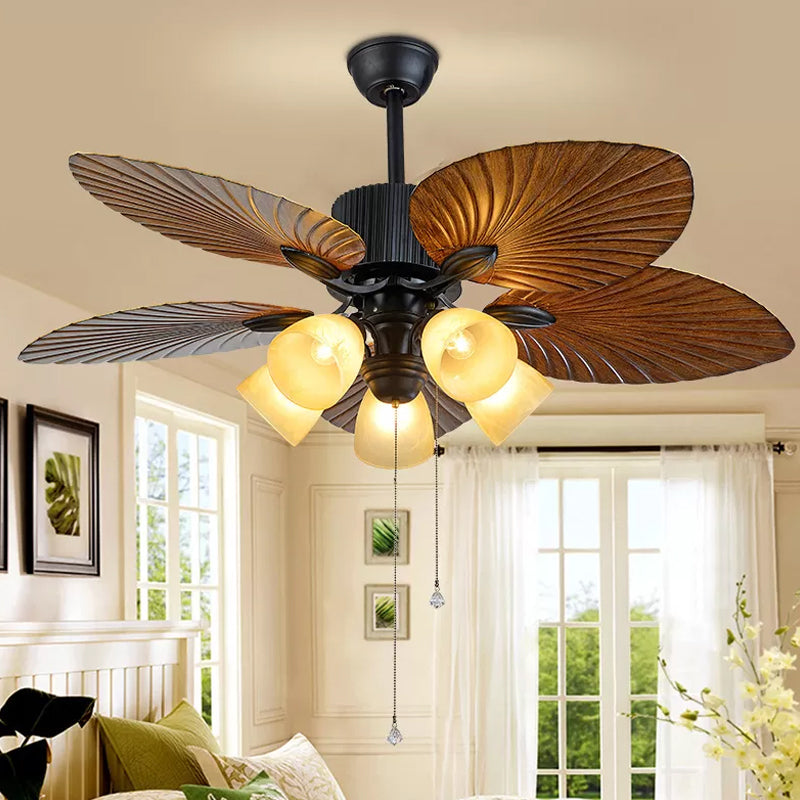 5-Blade 5 Heads Bedroom Ceiling Fan Lamp Modern Black Semi-Flush Light with Conic Plastic Shade, 52