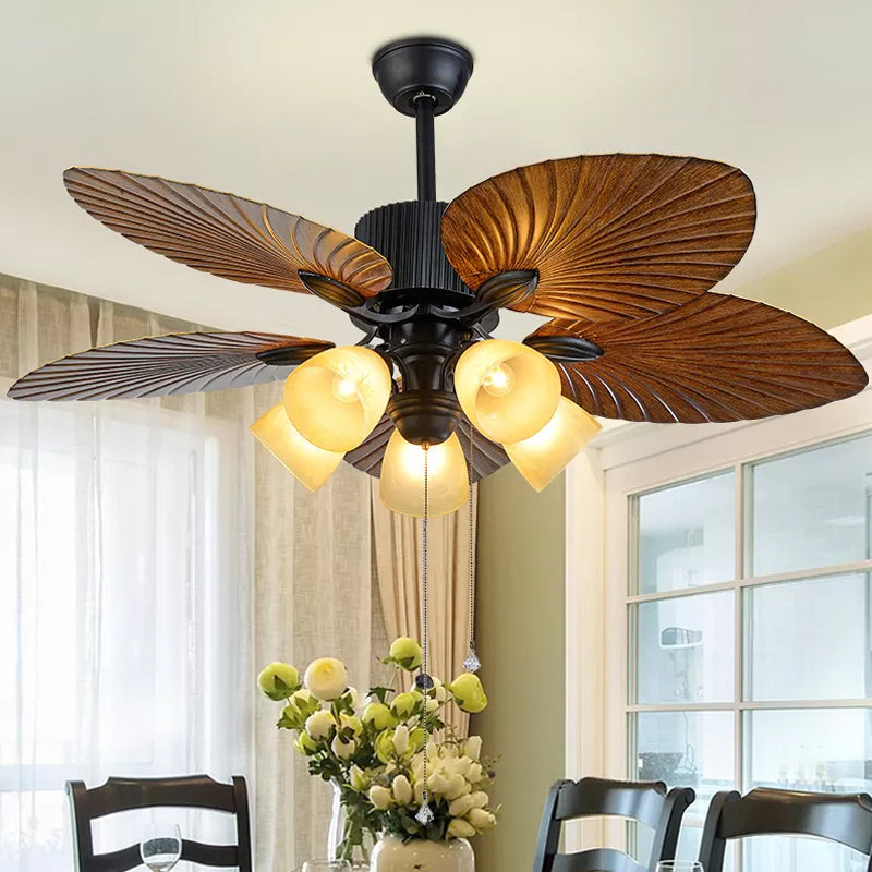 5-Blade 5 Heads Bedroom Ceiling Fan Lamp Modern Black Semi-Flush Light with Conic Plastic Shade, 52