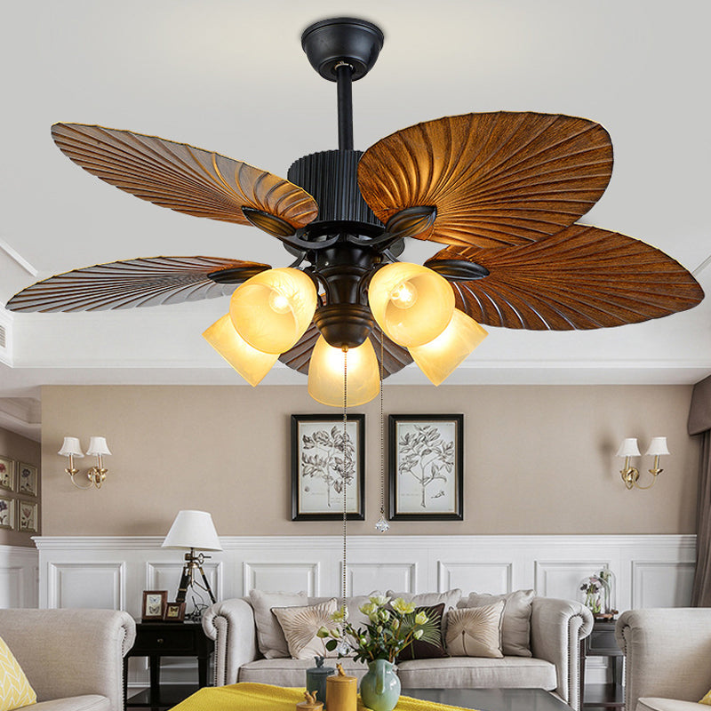 5-Blade 5 Heads Bedroom Ceiling Fan Lamp Modern Black Semi-Flush Light with Conic Plastic Shade, 52