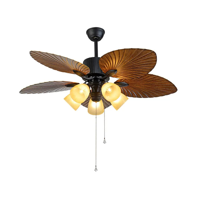 5-Blade 5 Heads Bedroom Ceiling Fan Lamp Modern Black Semi-Flush Light with Conic Plastic Shade, 52