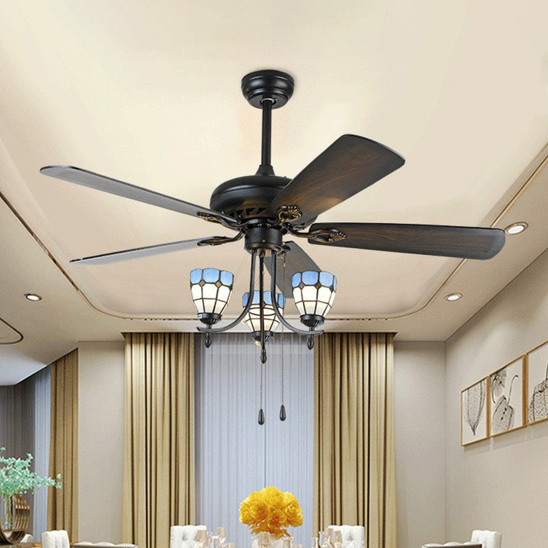 5-Blade 3 Lights Semi Flush Traditional Tapered Metallic Hanging Fan Light Fixture in Black, 52