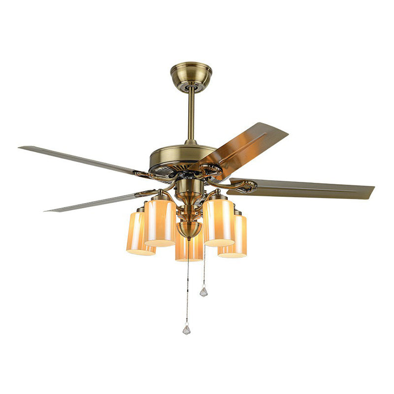 5-Blade Cylinder Living Room Semi Flush Rustic Amber Glass 52