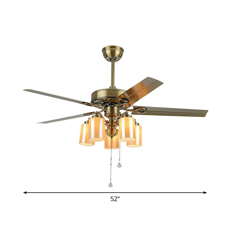 5-Blade Cylinder Living Room Semi Flush Rustic Amber Glass 52