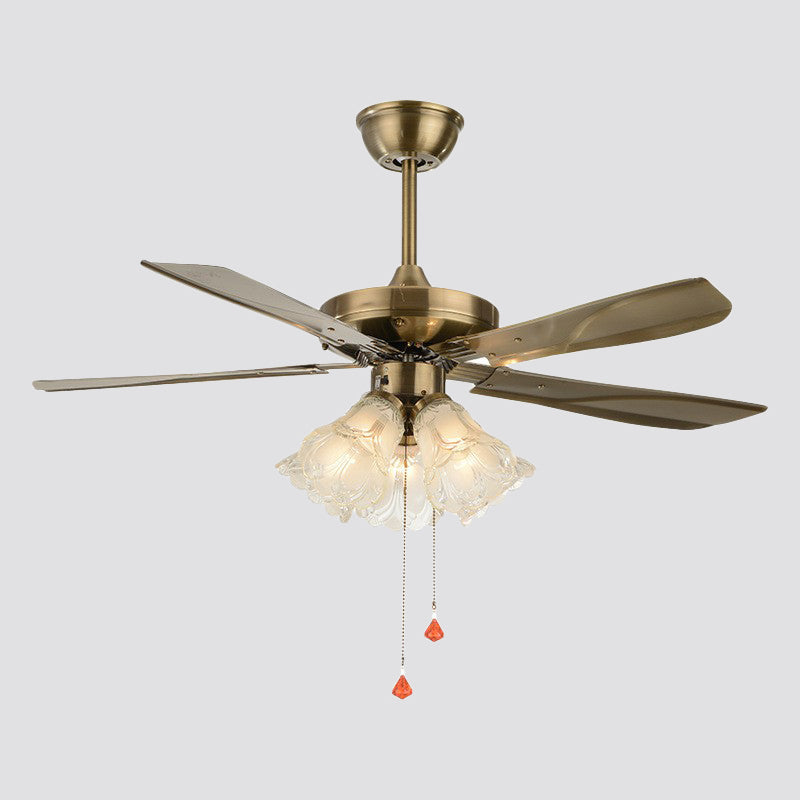 5-Light Pendant Fan Light Classic Living Room 5-Blade Semi Flush Mount Lighting with Floral Frosted Glass Shade, 42