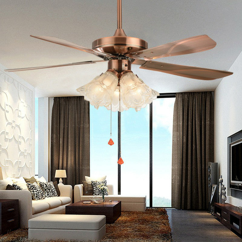 5-Light Pendant Fan Light Classic Living Room 5-Blade Semi Flush Mount Lighting with Floral Frosted Glass Shade, 42